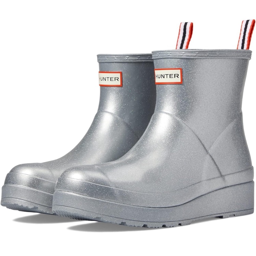 New! Hunter Original Play Short Cosmic Silver Glitter Rain Boots Size US 8